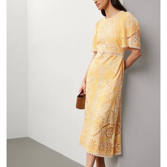 SEA New York Yellow Embrodered Midi Dress SIZE 16 Eyelet Designer Romantic $600 - Picture 1 of 14